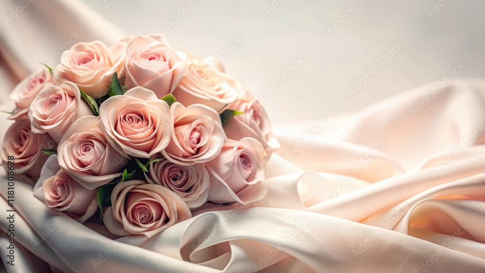 Elegant rose bouquet wrapped in soft silk fabric, with delicate petals unfolding like a gentle kiss on the velvet surface, delicate petal, elegant flowers Elegant rose bouquet wrapped in soft silk fabric, with delicate petals unfolding like a gentle kiss on the velvet surface, delicate petal, elegant flowers