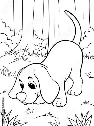 Adorable Puppy Exploring Nature Forest Ready-to-print coloring page for standard paper