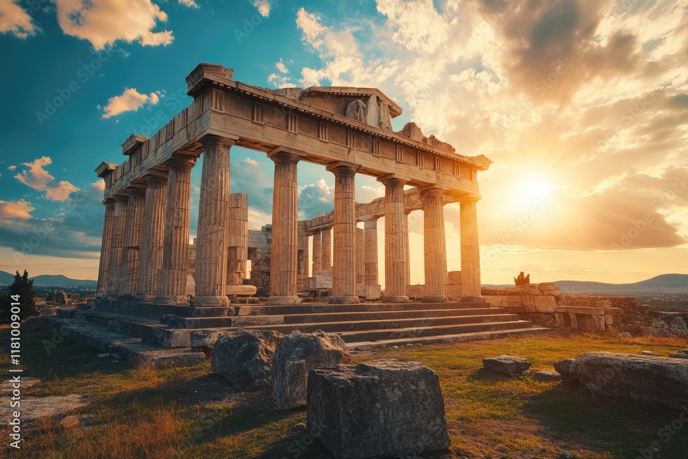 Fototapeta premium Ruins of an Ancient Greek Temple Featuring a Goddess Statue Illuminated by Sun Rays Amidst a Cloudy Sky