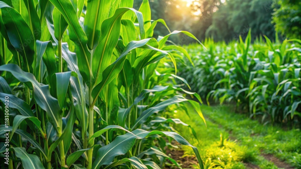 Obraz premium A corner of a lush green garden with a few blades of cornstalks growing out of it, surrounded by vibrant green leaves and stems , vegetation, nature