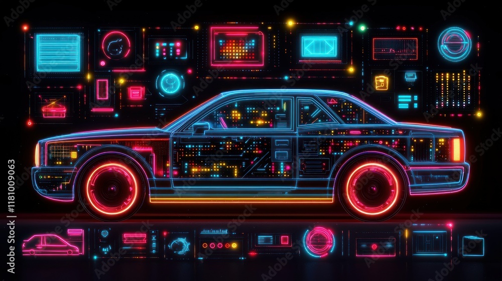 Neon Retro Futuristic Car: A Cyberpunk Digital Automotive Design Neon Retro Futuristic Car: A Cyberpunk Digital Automotive Design