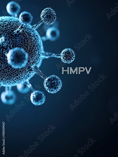 Wallpaper Mural Human metapneumovirus concept. The image depicts a digital representation of a virus, highlighting HMPV with a vibrant blue and dark background, emphasizing its microscopic structure. Torontodigital.ca