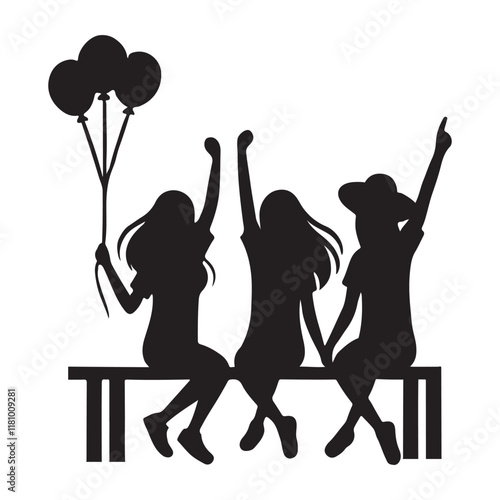 Celebrating Together Silhouette Friends Sitting with Balloons Joyfully