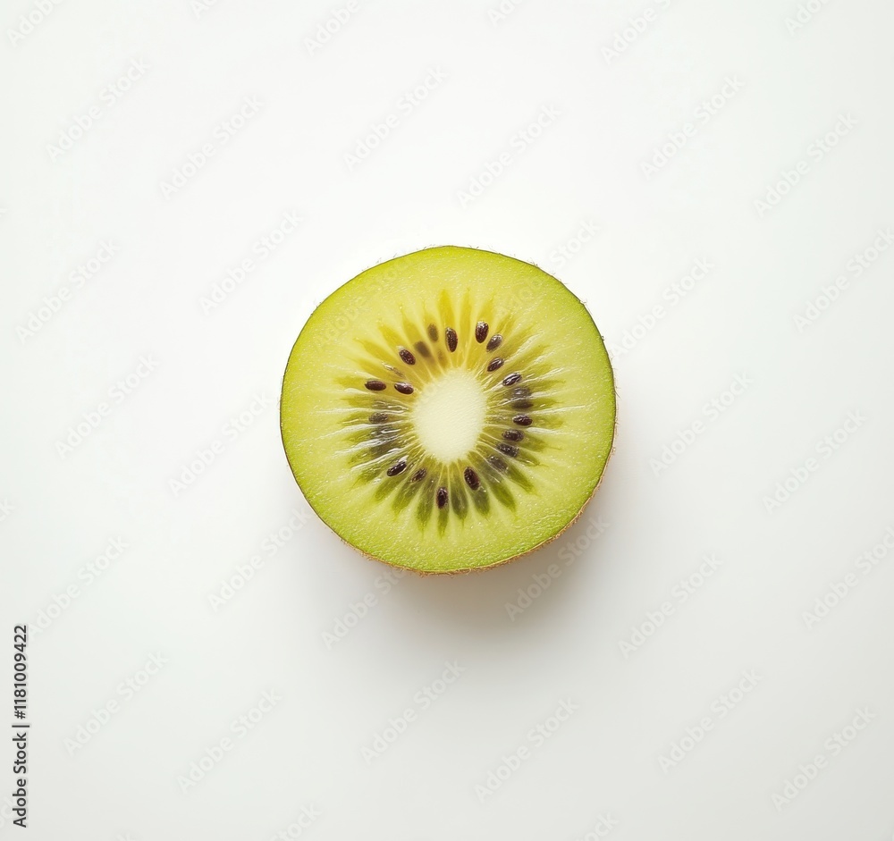 Freshly Cut Green Kiwi on White Background Showcasing Its Unique Texture and Vibrant Color, Perfect for Healthy Eating and Culinary Inspiration
