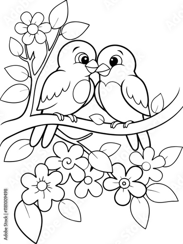 Two Lovebirds Perched on Blossoming Branch Ready-to-print coloring page for standard paper