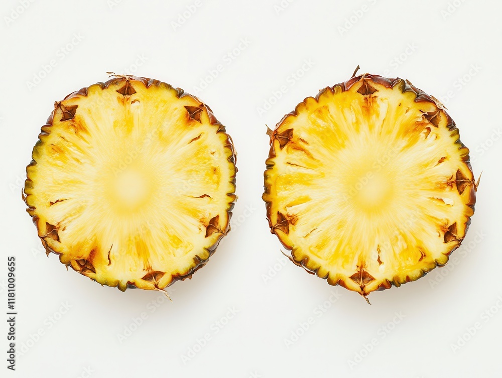 Freshly Cut Pineapple Halves Displaying Juicy Yellow Flesh and Thorny Brown Edges on a Clean White Background for Culinary and Tropical Themes Freshly Cut Pineapple Halves Displaying Juicy Yellow Flesh and Thorny Brown Edges on a Clean White Background for Culinary and Tropical Themes