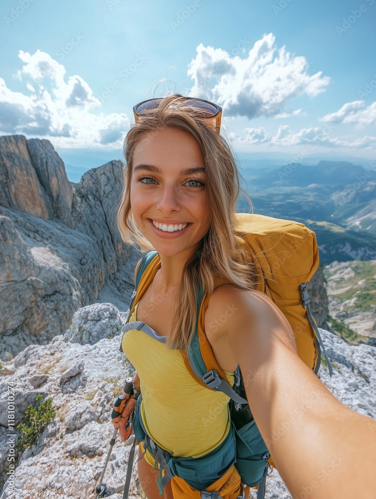 Naklejka premium blonde hiker taking a selfie