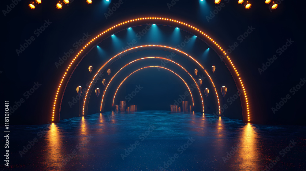 3D Illustration of Dark Blue Stage with Golden Spotlight Lines and Glitter Texture for Award Ceremony Design.