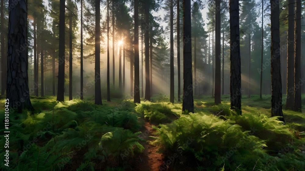 Naklejka premium A panoramic view of a misty forest at sunrise, with sunlight filtering through tall pine trees and dew-covered grass