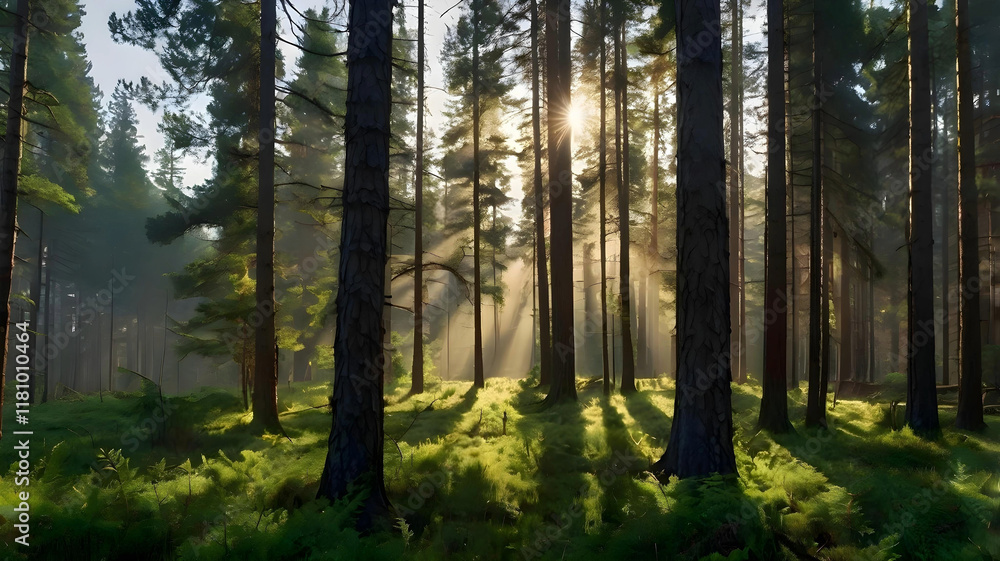 Obraz premium A panoramic view of a misty forest at sunrise, with sunlight filtering through tall pine trees and dew-covered grass