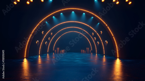 Obraz na płótnie 3D Illustration of Dark Blue Stage with Golden Spotlight Lines and Glitter Texture for Award Ceremony Design. w salonie