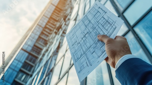 Architect Reviewing Skyscraper Blueprint Outdoors