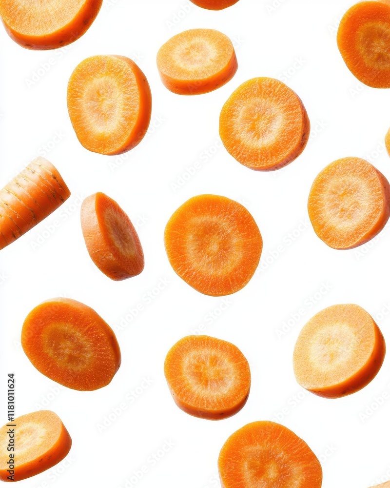 Freshly Sliced Carrots Falling Against a Bright White Background Creating a Vibrant and Healthy Culinary Display of Natural Vegetables Freshly Sliced Carrots Falling Against a Bright White Background Creating a Vibrant and Healthy Culinary Display of Natural Vegetables