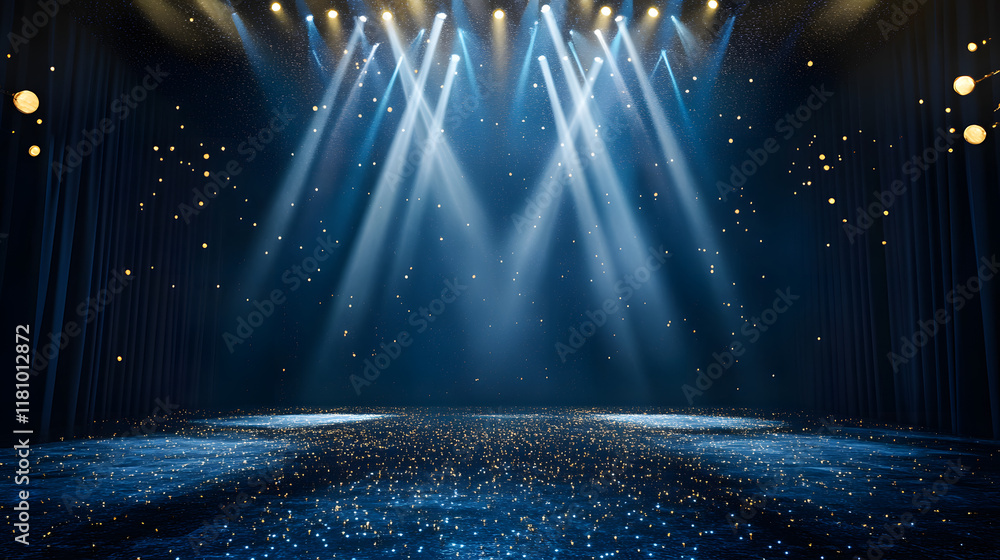 3D Illustration of Dark Blue Stage with Golden Spotlight Lines and Glitter Texture for Award Ceremony Design.