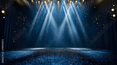 Obraz na płótnie 3D Illustration of Dark Blue Stage with Golden Spotlight Lines and Glitter Texture for Award Ceremony Design. w salonie