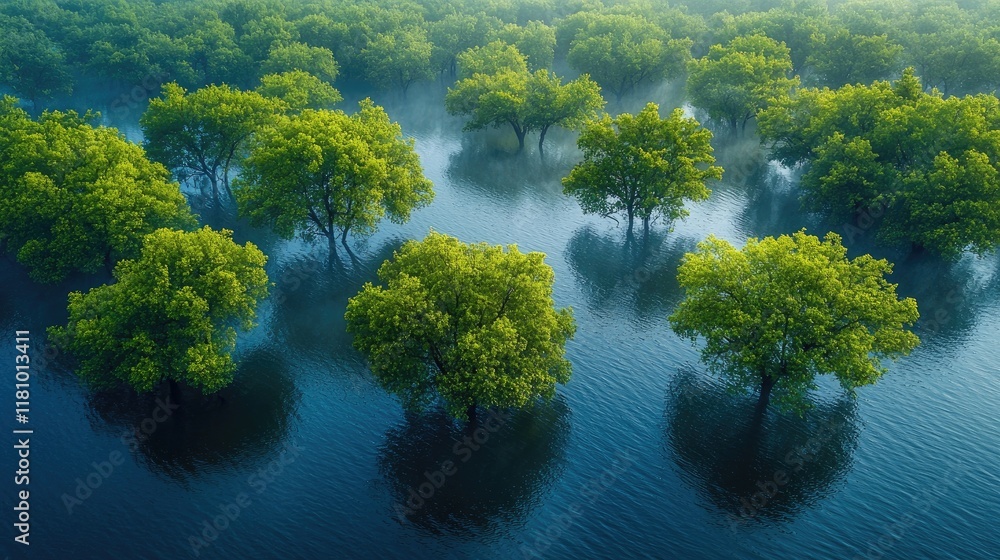 Enchanted Flooded Forest: An Aerial View of Serene Nature, Lush Greenery Reflected in Calm Waters, Evoking Tranquility and Peace Enchanted Flooded Forest: An Aerial View of Serene Nature, Lush Greenery Reflected in Calm Waters, Evoking Tranquility and Peace