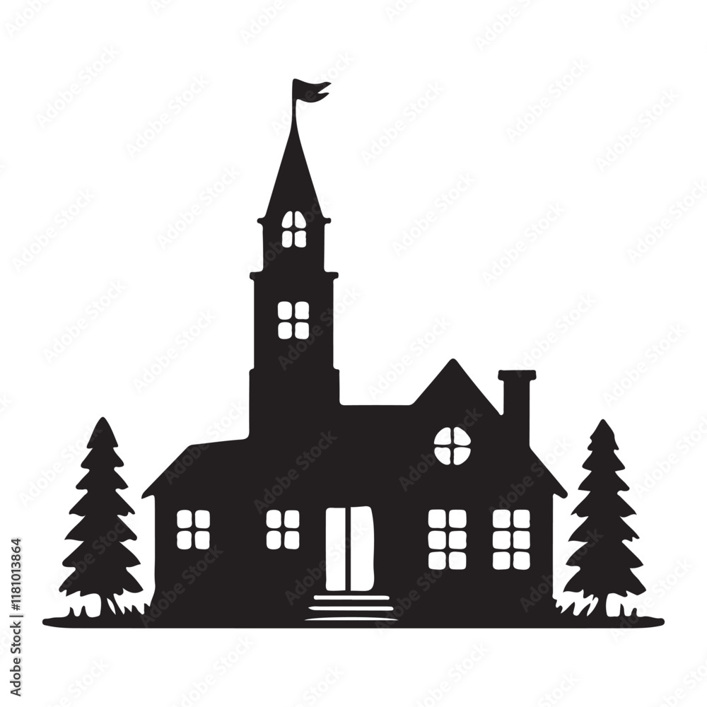 Spooky Mansion Silhouette Illustration with Trees Spooky Mansion Silhouette Illustration with Trees