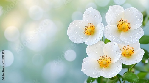 Fresh White Flowers with Water Drops on Green Background, Bright and Vibrant Floral Scene