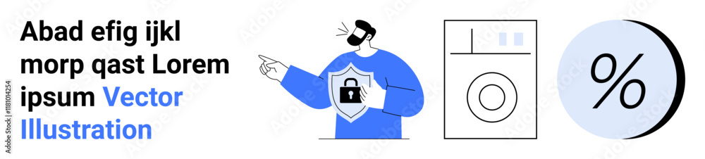 Man with shield displaying lock, washing machine symbol, large percentage icon. Ideal for security content, product protection, warranties, home appliances, promotional offers, marketing materials Man with shield displaying lock, washing machine symbol, large percentage icon. Ideal for security content, product protection, warranties, home appliances, promotional offers, marketing materials