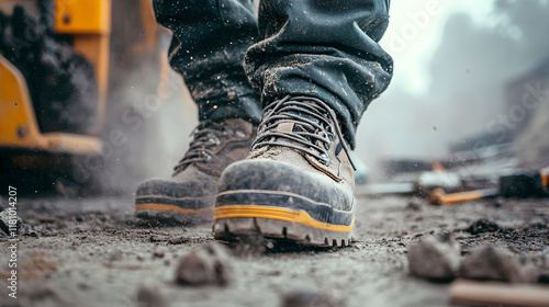 Workers wearing safety shoes in factory or construction site, work safety concept.
