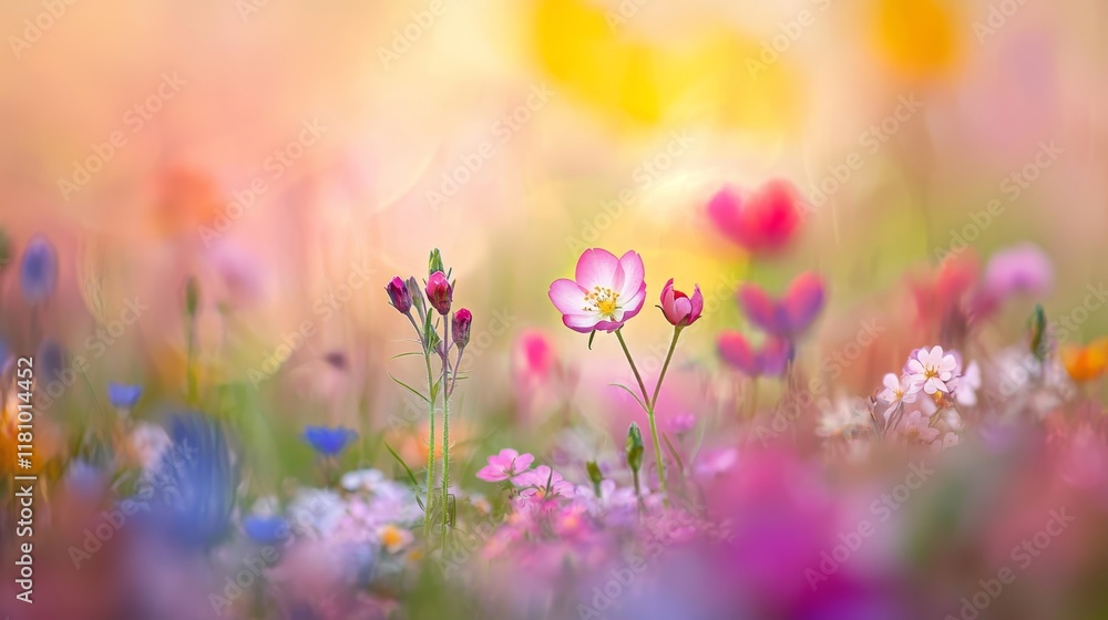 Fototapeta premium Close-Up of Cherry Blossoms Amid a Burst of Colorful Spring Flowers