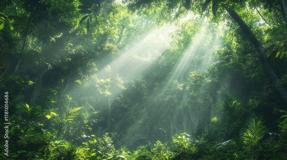 Lush forest with sunlight streaming through the trees, soft focus, professional and calming atmosphere Lush forest with sunlight streaming through the trees, soft focus, professional and calming atmosphere