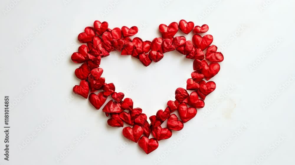 Heart Shape Made of Red Satin Hearts on White Background Heart Shape Made of Red Satin Hearts on White Background