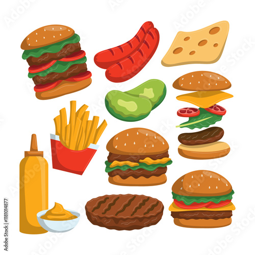 Set of ingredients for a Burger. Make up your Burger. illustration of fast food