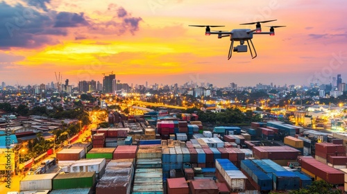 Drone Surveillance of City Port at Sunset