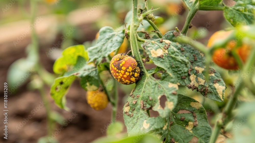 A close-up of a tomato plant showing a ripe fruit with leaf damage. A close-up of a tomato plant showing a ripe fruit with leaf damage.
