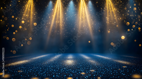 3D Illustration of Dark Blue Stage with Golden Spotlight Lines and Glitter Texture for Award Ceremony Design. photo