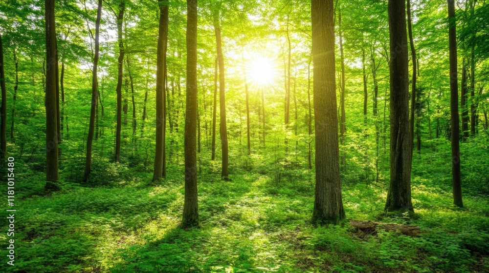 Obraz premium Lush forest with sunlight streaming through the trees, soft focus, professional and calming atmosphere