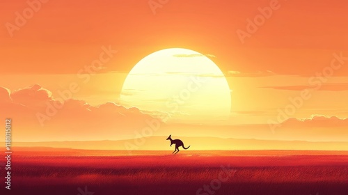 Silhouette of kangaroo hopping across a field at sunset. photo