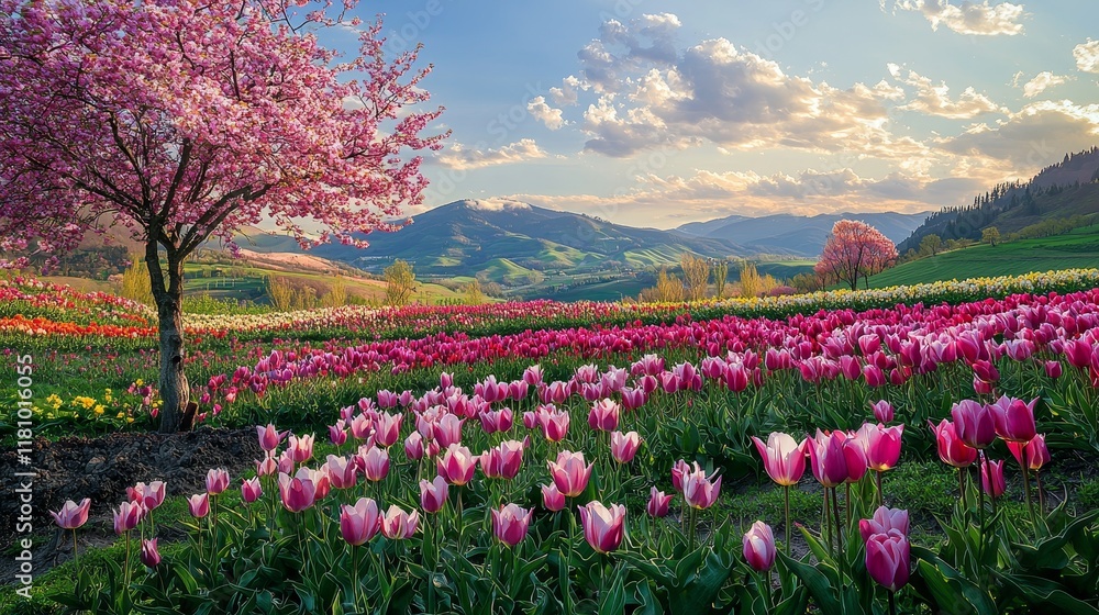 Panoramic View of Cherry Blossoms and Tulip Fields Under a Vibrant Sky Panoramic View of Cherry Blossoms and Tulip Fields Under a Vibrant Sky