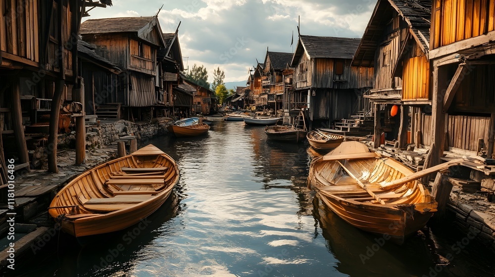 Obraz premium A photo of a small fishing village with wooden boats and houses from the 1600s.