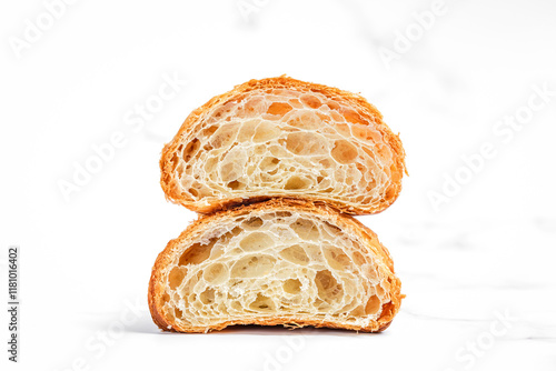 A croissant cut in half on white marble background