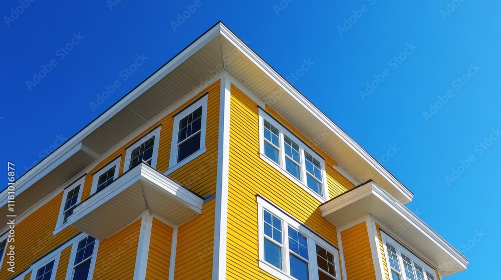 Bright Yellow House Corner Rising Against Vivid Blue Sky. Bright Yellow House Corner Rising Against Vivid Blue Sky.