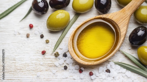 Olive oil and pure quality, A wooden spoon holds golden olive oil, surrounded by green and black olives, salt, and colorful peppercorns on a light wooden surface. photo