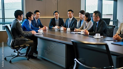 日本企業のオフィスの深刻な会議のシーン