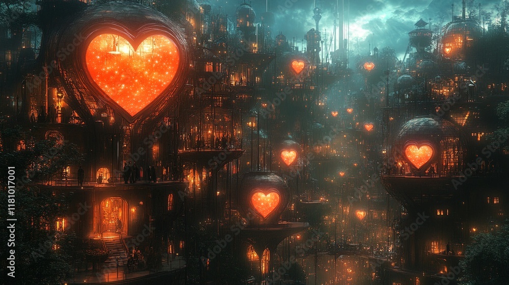 Naklejka premium A surreal fantasy city with glowing heart-shaped domes and floating pathways