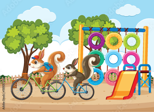 Squirrels Biking in a Colorful Playground