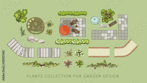 Plants and architectural elements for garden design. Set of vector illustrations of trees, bushes, paths, garden beds for landscape design or plot plan. Top view.