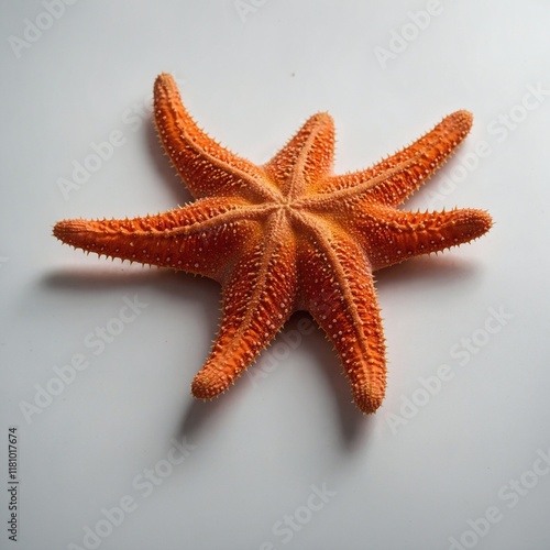 A vibrant orange starfish on a plain white background. photo