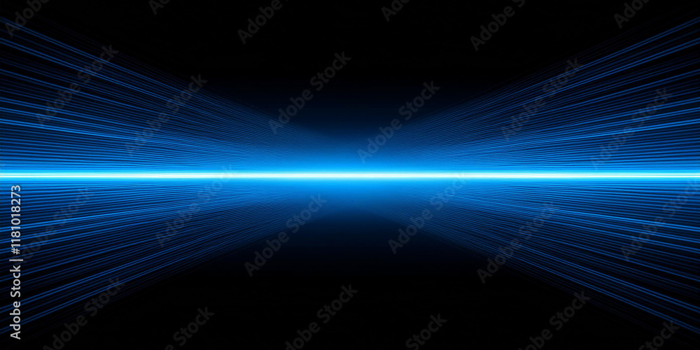 Fototapeta premium 青い光、レーザービーム、水平光線、青い光フレア、黒い背景、スタイリッシュ