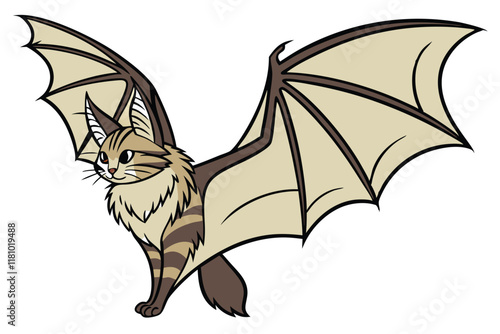 Photorealistic bat-cat hybrid, fluffy feline face, large bat wings, brown and tan fur, pointed ears, detailed wing membrane texture, symmetrical composition, studio lighting, white background, high-re