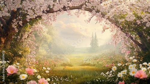 Elegant Archway Framed by Cherry Blossoms in a Serene Nature Scene