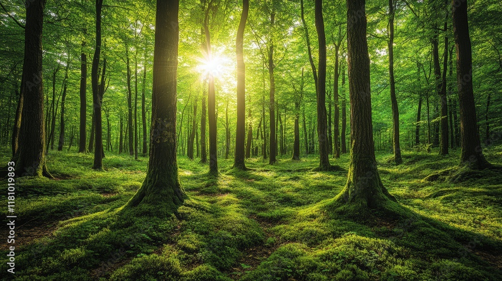 Obraz premium Lush forest with sunlight streaming through the trees, soft focus, professional and calming atmosphere
