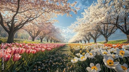 Wallpaper Mural Expansive Field of Cherry Blossom Trees with Colorful Tulips and Spring Flowers Torontodigital.ca