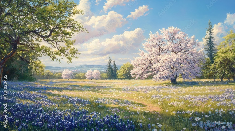 Naklejka premium Serene Open Field with Cherry Blossom Trees Under a Bright Blue Sky