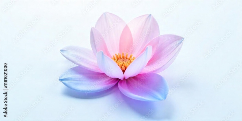Obraz premium Abstract image of a flower in soft pastel colors, flowing, translucent petals with a blend of light pink, blue, and lavender hues, white background, centered composition